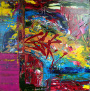 Jump! spring! Das Neue ist nicht immer sehr bequem oder leicht. Aber vertraue auf Gott, du kannst nicht tiefer fallen, als n seine Hand.  Acry 90x90cm